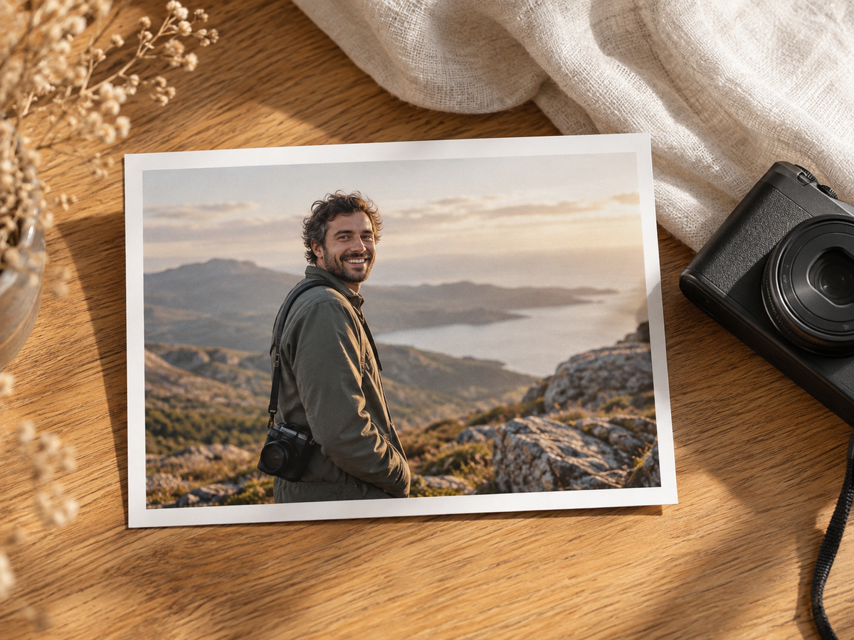 A printed portrait of a smiling man beside a camera on a warm wooden desk.